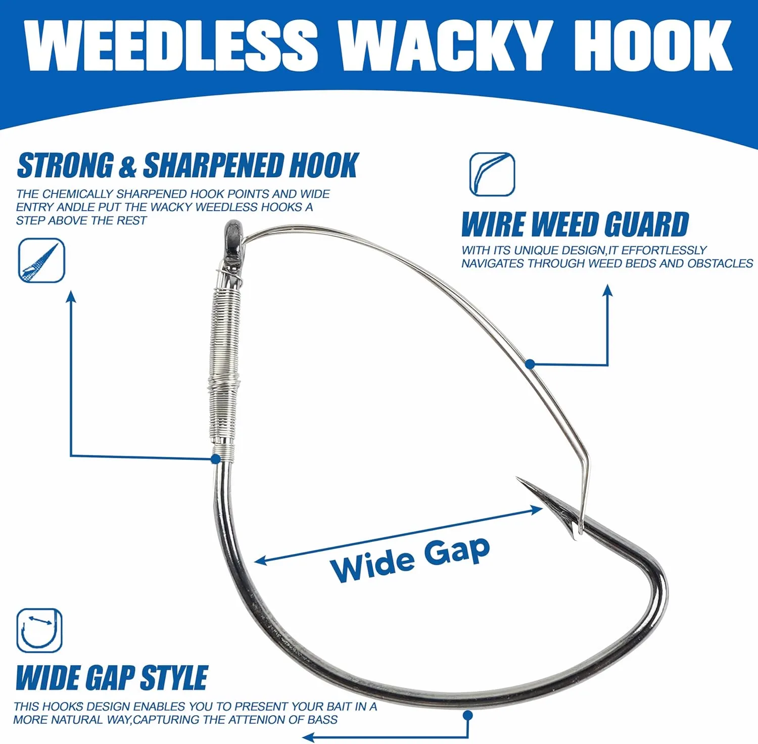 AGOOL Weedless Wacky Rig Hooks, 25/50pcs Bass Fishing Hooks with Weed Guard Wide Gap Stainless Steel for Wacky Rigging Worm Lures