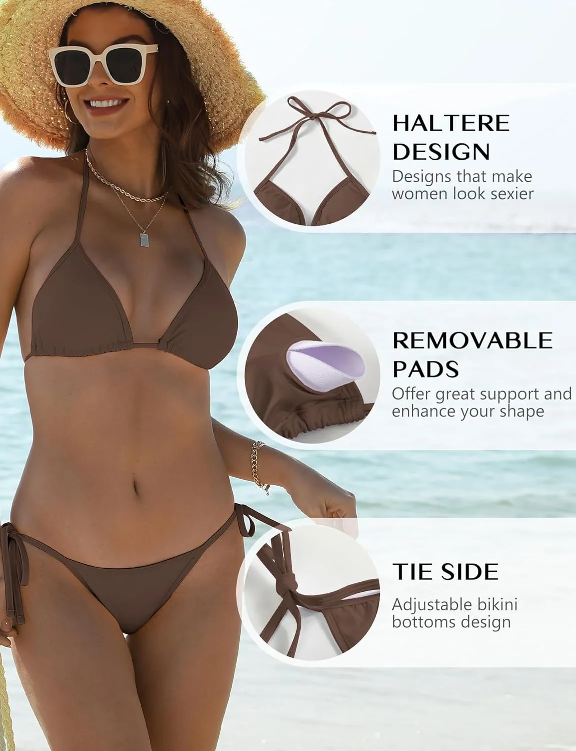 Buauty Bikini Sets for Womens Two Piece Swimsuits Halter String Triangle Bathing Suit Swim Sexy Tie Side Bottom Swimwear