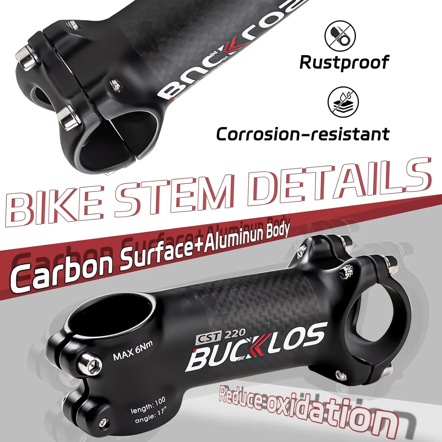 BUCKLOS 31.8mm Carbon Aluminum Bike Stem 6/17 Degree 60~120mm Road Bike Stem Mountain Bike Stem, Super Light Bicycle Handlebar Stem Fit for Cycling Competition, Bicycle Stem