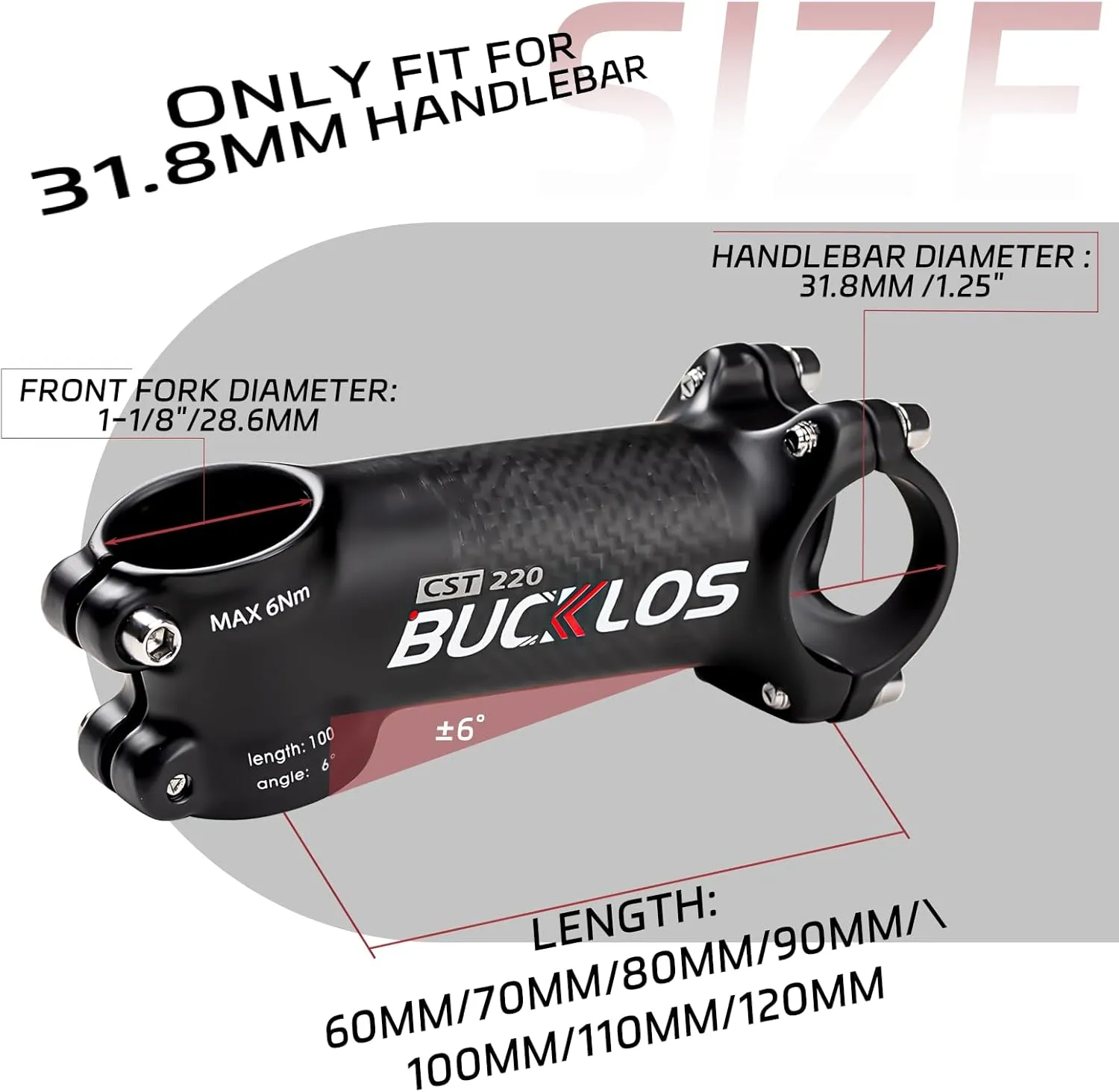 BUCKLOS 31.8mm Carbon Aluminum Bike Stem 6/17 Degree 60~120mm Road Bike Stem Mountain Bike Stem, Super Light Bicycle Handlebar Stem Fit for Cycling Competition, Bicycle Stem