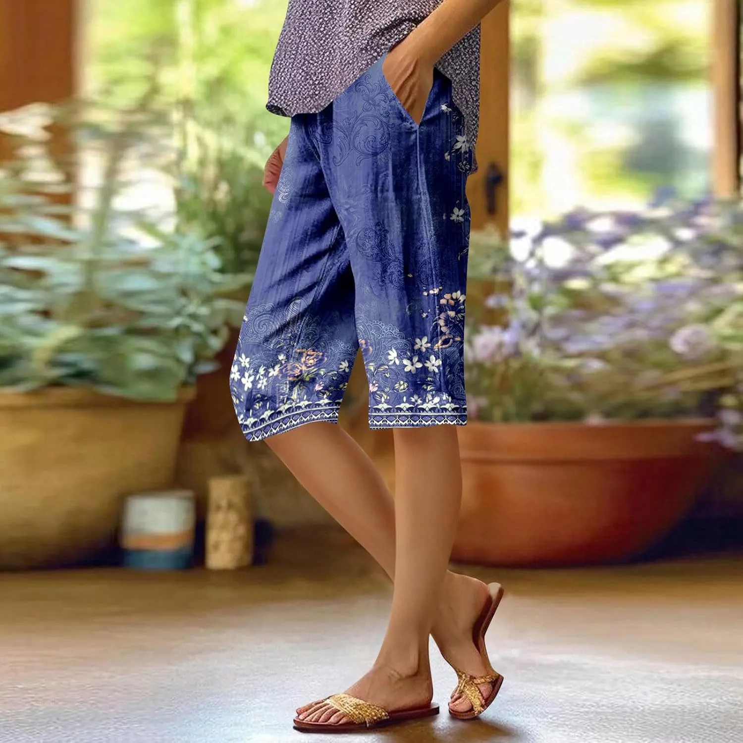 Capri Pants for Women Bermuda Shorts High Waisted Wide Leg Cropped Linen Pants Casual Palazzo Pant with Pockets