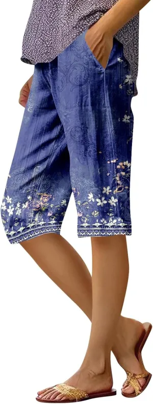 Capri Pants for Women Bermuda Shorts High Waisted Wide Leg Cropped Linen Pants Casual Palazzo Pant with Pockets