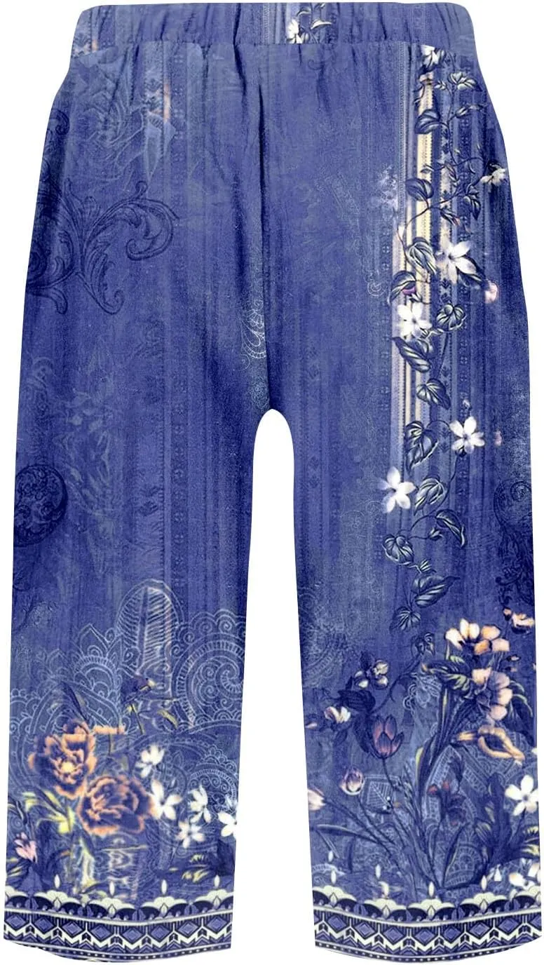 Capri Pants for Women Bermuda Shorts High Waisted Wide Leg Cropped Linen Pants Casual Palazzo Pant with Pockets