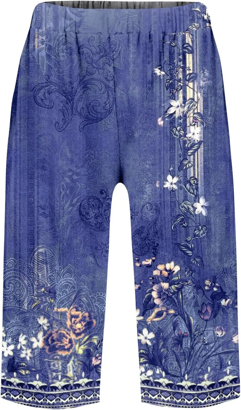 Capri Pants for Women Bermuda Shorts High Waisted Wide Leg Cropped Linen Pants Casual Palazzo Pant with Pockets