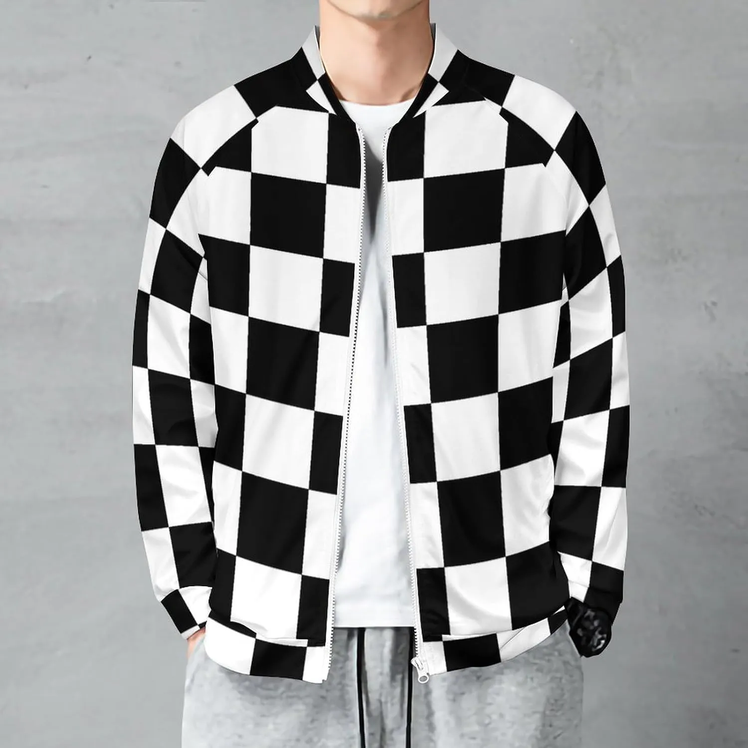 Checkerboard Black White Checkered Bomber Jacket Men Lightweight Causal Flight Windbreaker Track Jacket Shirt