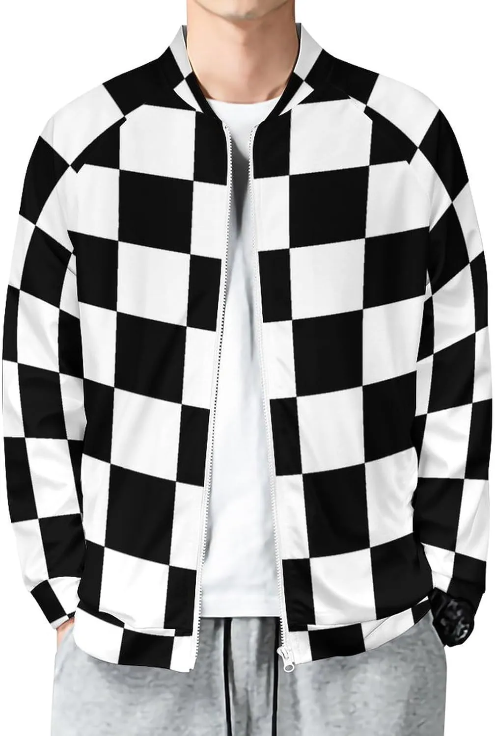 Checkerboard Black White Checkered Bomber Jacket Men Lightweight Causal Flight Windbreaker Track Jacket Shirt