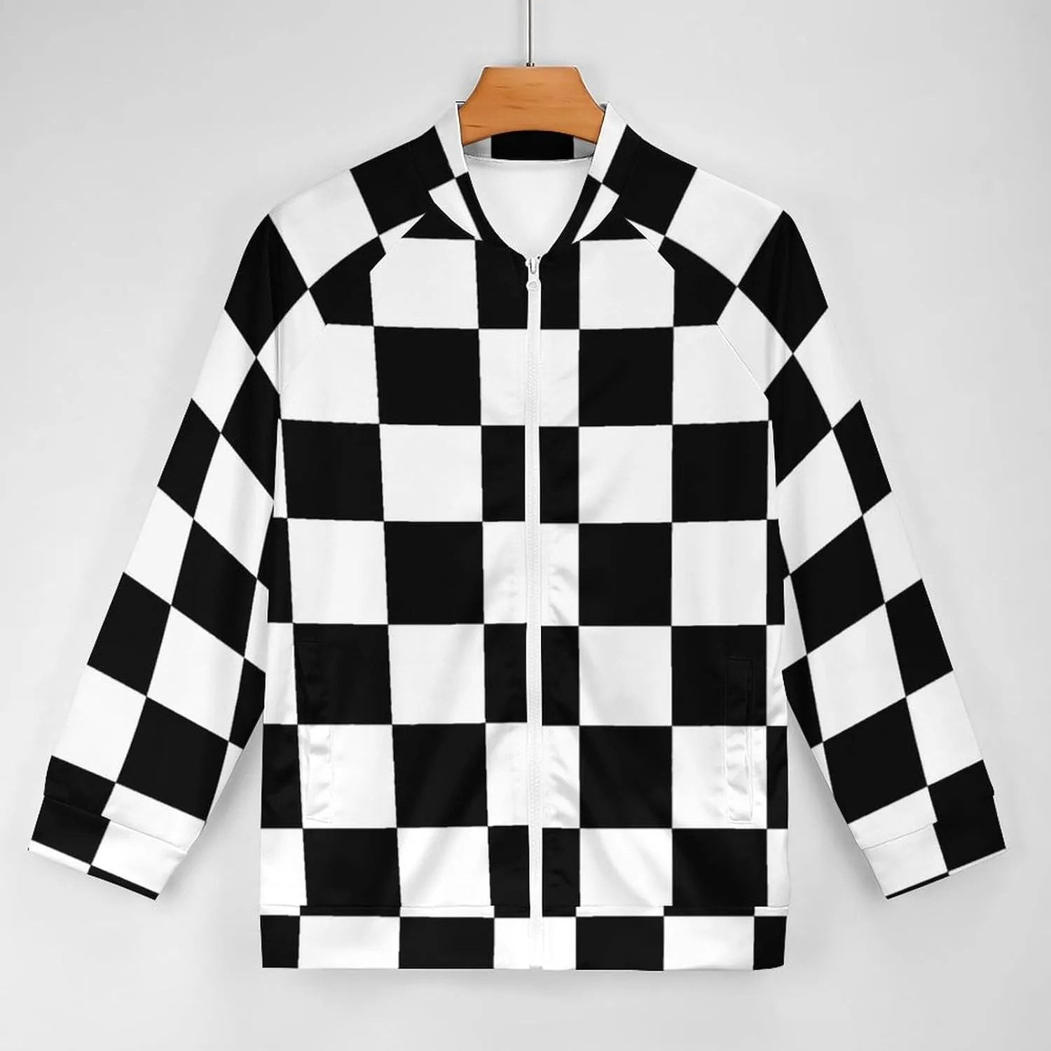 Checkerboard Black White Checkered Bomber Jacket Men Lightweight Causal Flight Windbreaker Track Jacket Shirt