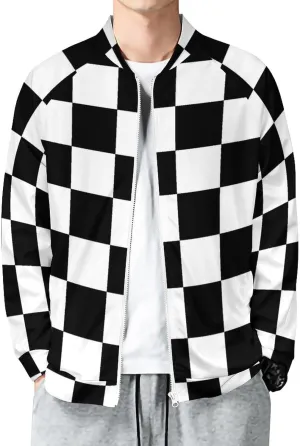 Checkerboard Black White Checkered Bomber Jacket Men Lightweight Causal Flight Windbreaker Track Jacket Shirt
