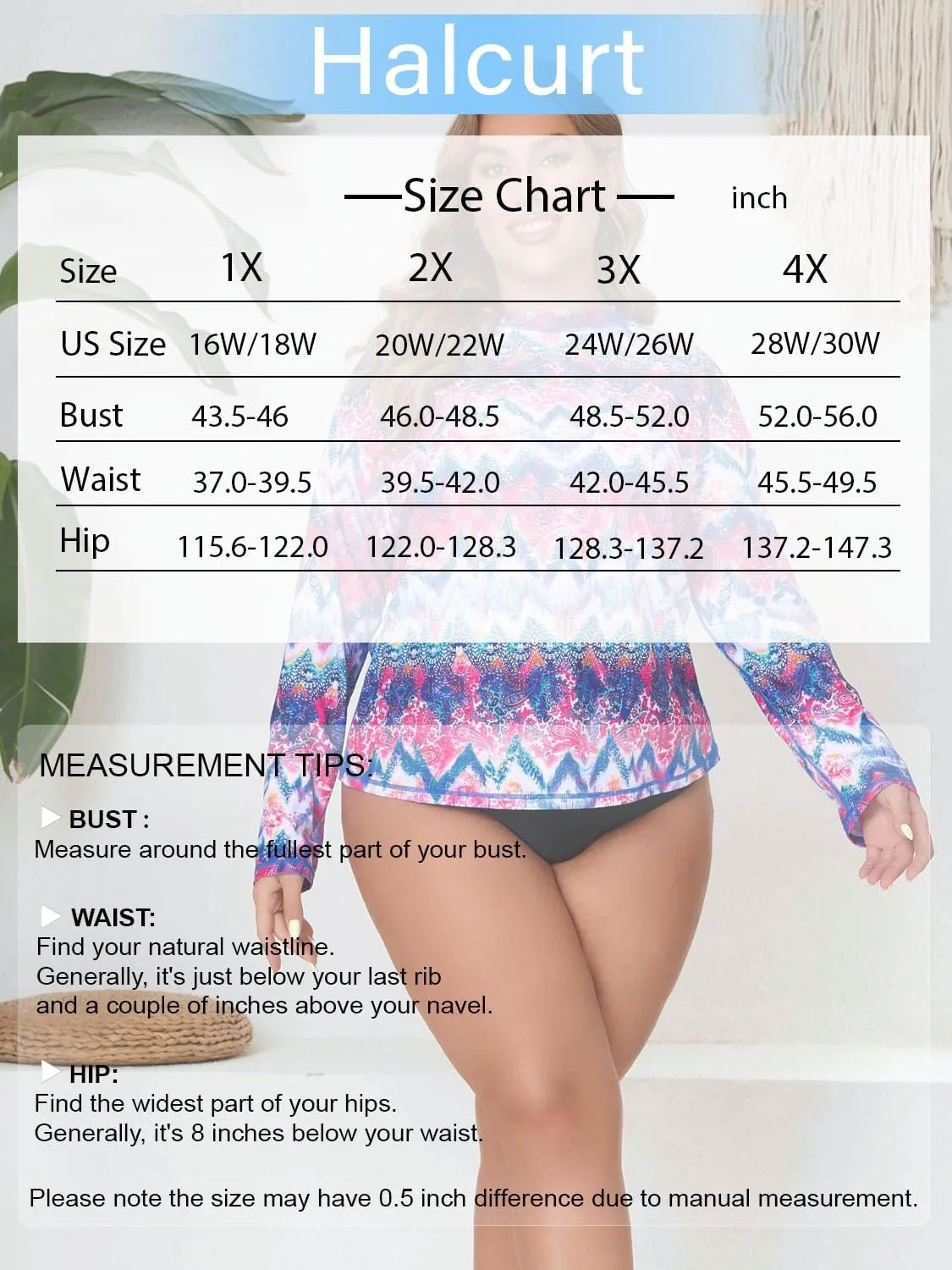 Halcurt Women's Plus Size Long Sleeve Rash Guard Shirts Swim Top UPF50  Sun Protection Loose Fit Quick Dry Swimsuit