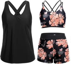 Holipick 3 Piece Tankini Swimsuits for Women Tummy Control Bathing Suits Swim Tank Top with Bra Boy Shorts Teen Swimwear