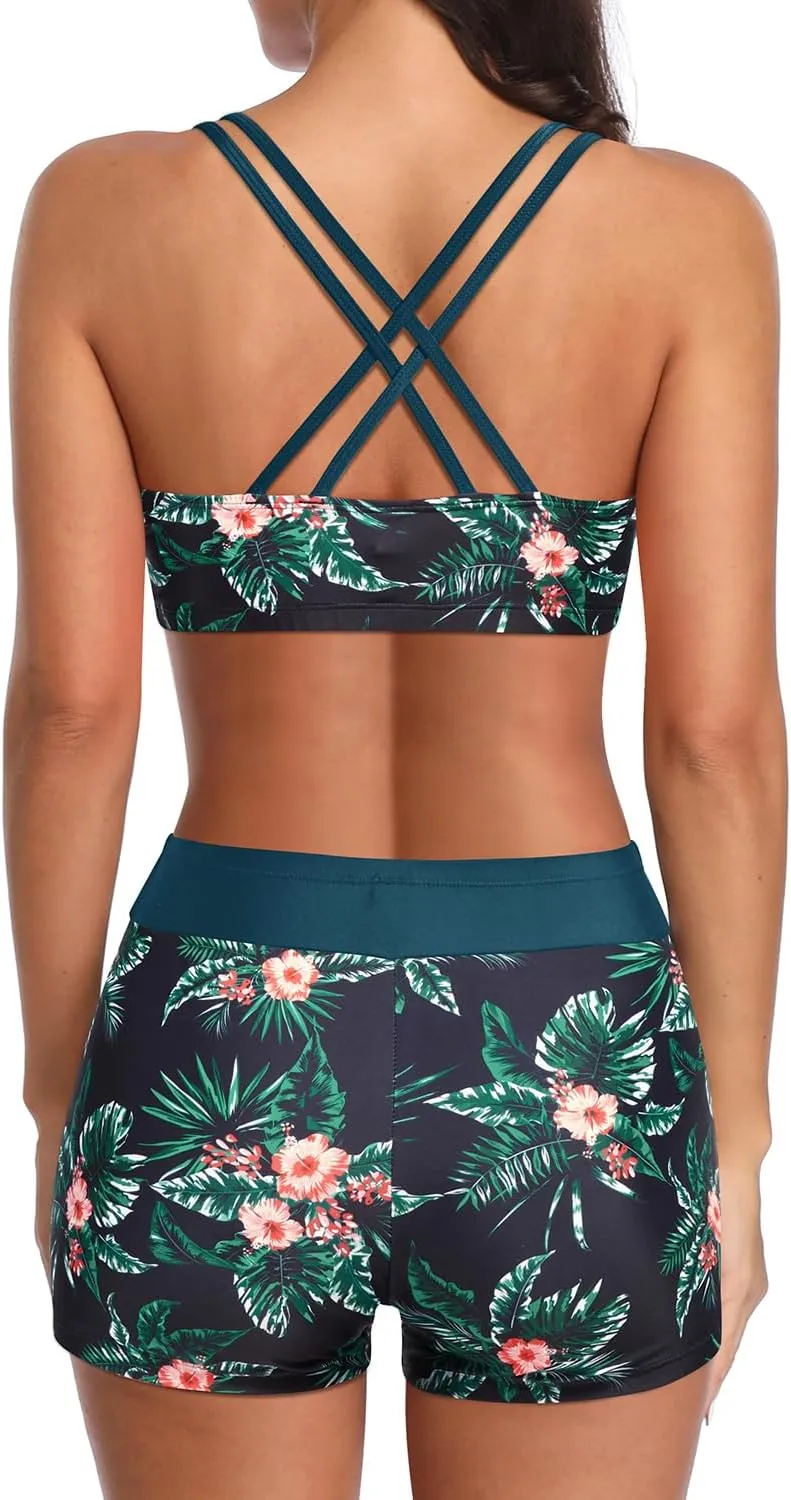 Holipick 3 Piece Tankini Swimsuits for Women Tummy Control Bathing Suits Swim Tank Top with Bra Boy Shorts Teen Swimwear
