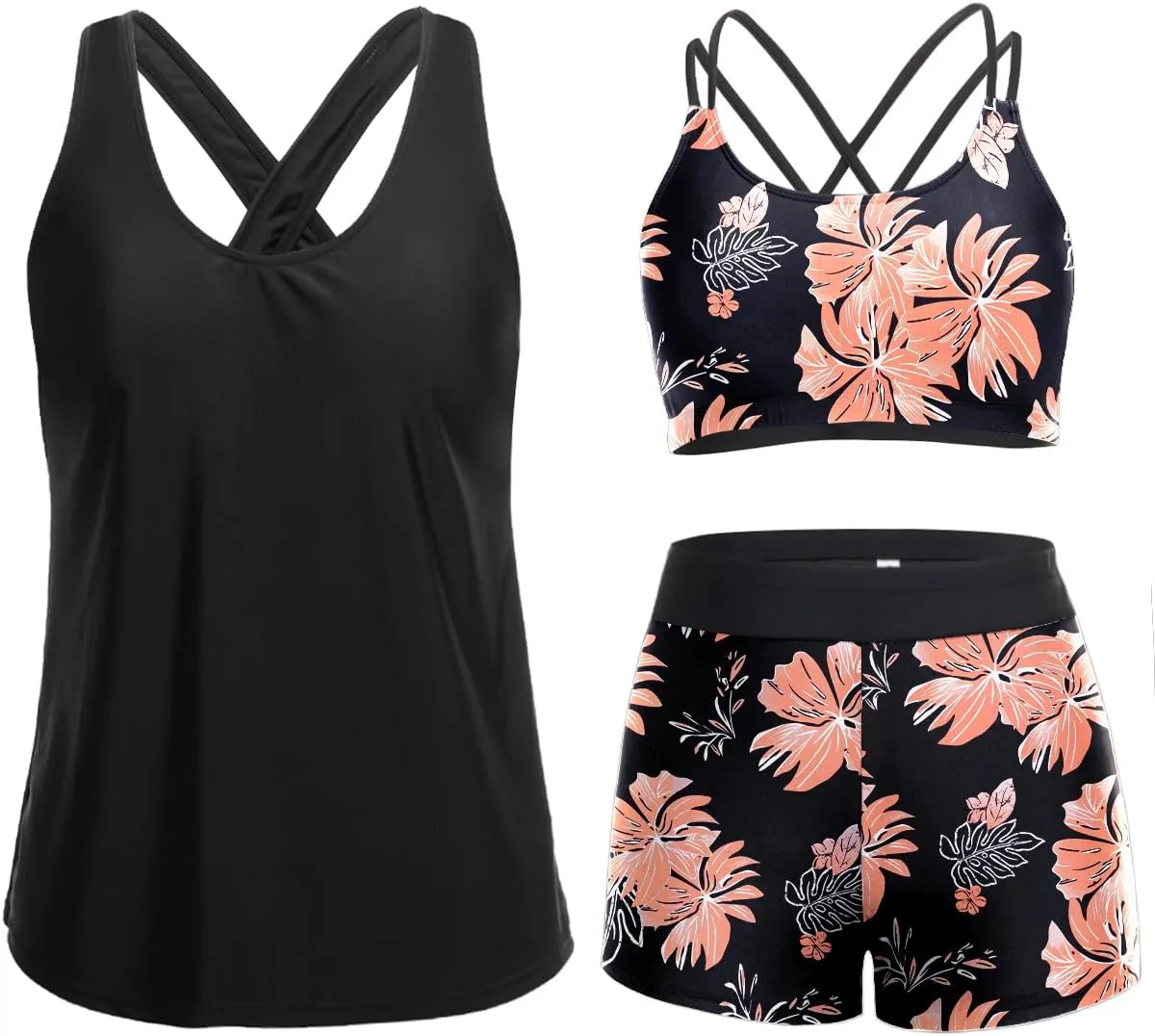 Holipick 3 Piece Tankini Swimsuits for Women Tummy Control Bathing Suits Swim Tank Top with Bra Boy Shorts Teen Swimwear