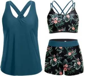 Holipick 3 Piece Tankini Swimsuits for Women Tummy Control Bathing Suits Swim Tank Top with Bra Boy Shorts Teen Swimwear