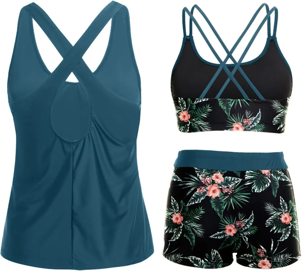 Holipick 3 Piece Tankini Swimsuits for Women Tummy Control Bathing Suits Swim Tank Top with Bra Boy Shorts Teen Swimwear