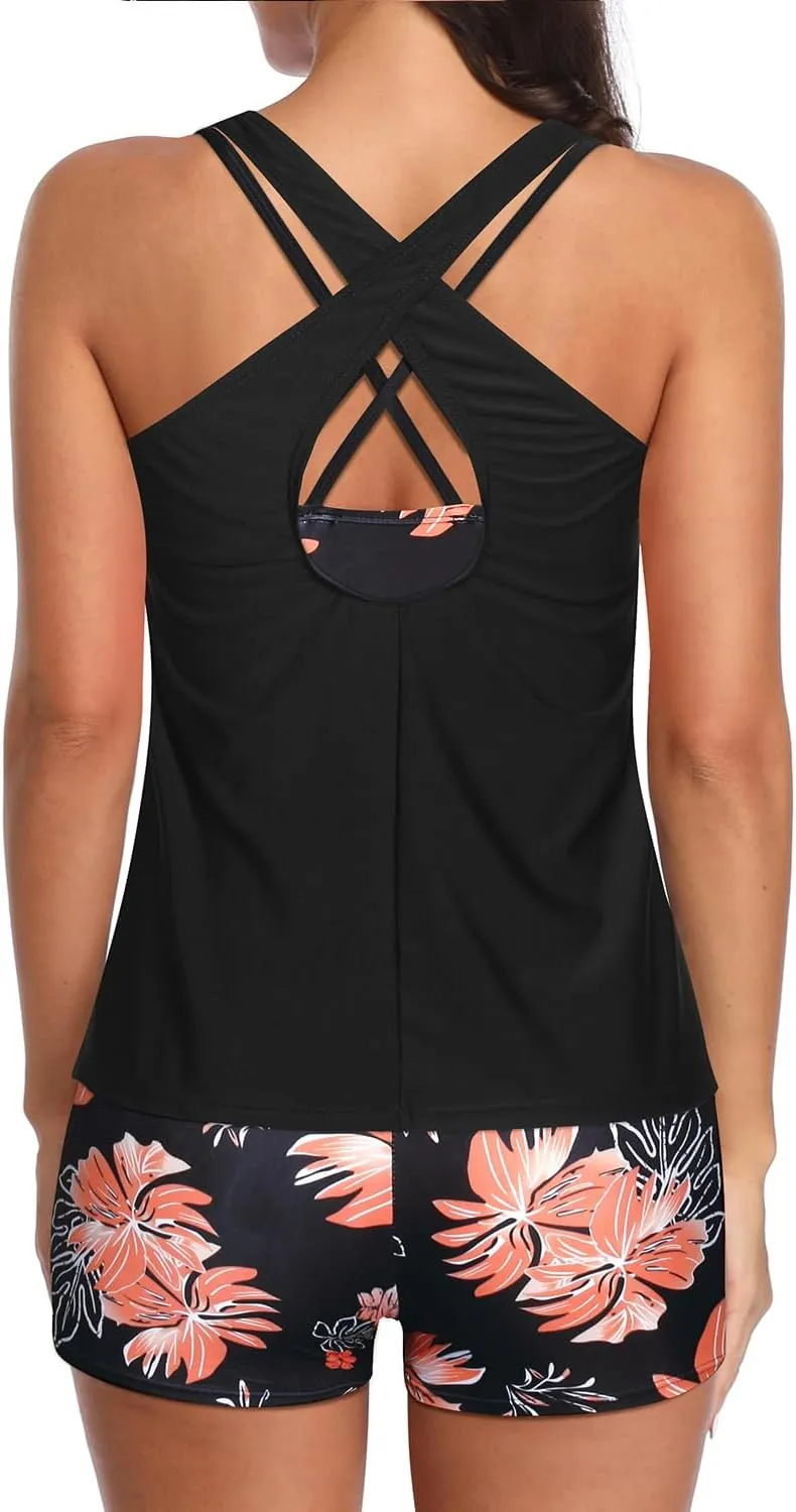 Holipick 3 Piece Tankini Swimsuits for Women Tummy Control Bathing Suits Swim Tank Top with Bra Boy Shorts Teen Swimwear