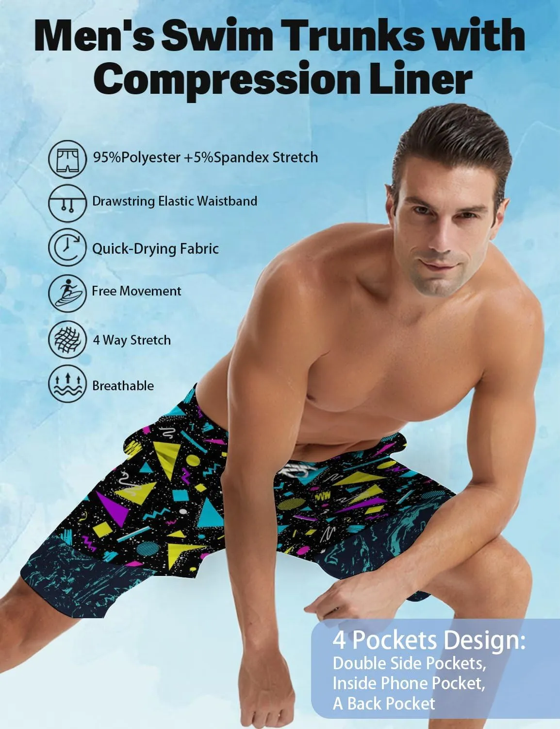 Men's Swim Trunks with Compression Liner Quick Dry 2 in 1 Swimming Trunks Beach Board Shorts Bathing Suits Swimwear