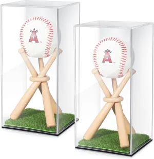 Mudder Baseball Display Case and Wood Stand Acrylic Baseball Holder Acrylic Box with Grass Pad for Ball Display Mini Wooden Bat Showcase Holders for Memorabilia Autograph Ball(2 Packs)