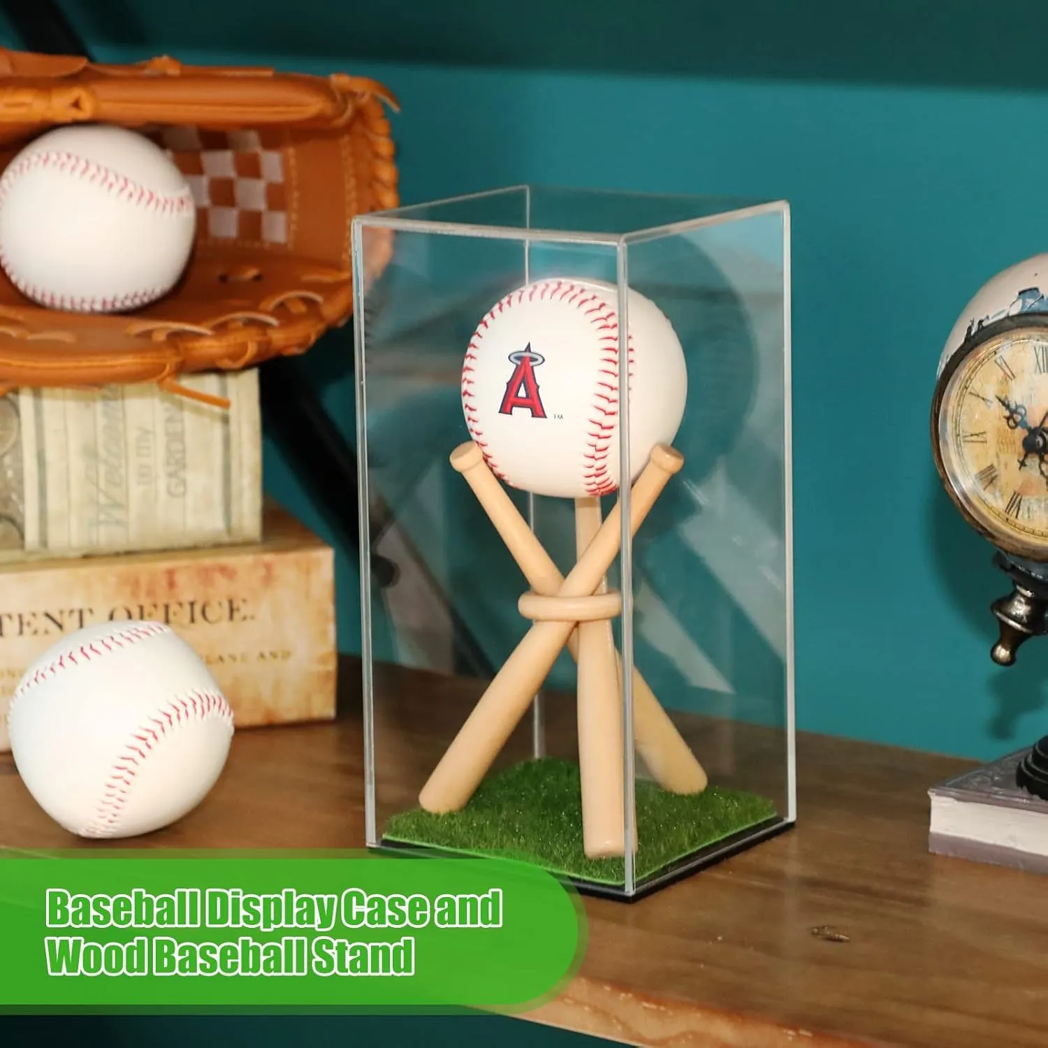 Mudder Baseball Display Case and Wood Stand Acrylic Baseball Holder Acrylic Box with Grass Pad for Ball Display Mini Wooden Bat Showcase Holders for Memorabilia Autograph Ball(2 Packs)