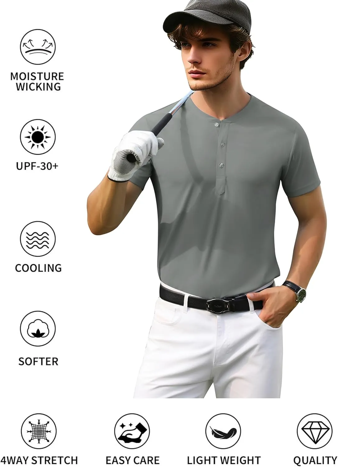 PEGENO Men's Henley Shirts Short Sleeve Moisture Wicking Quick Dry Casual Workout Athletic Golf Shirts