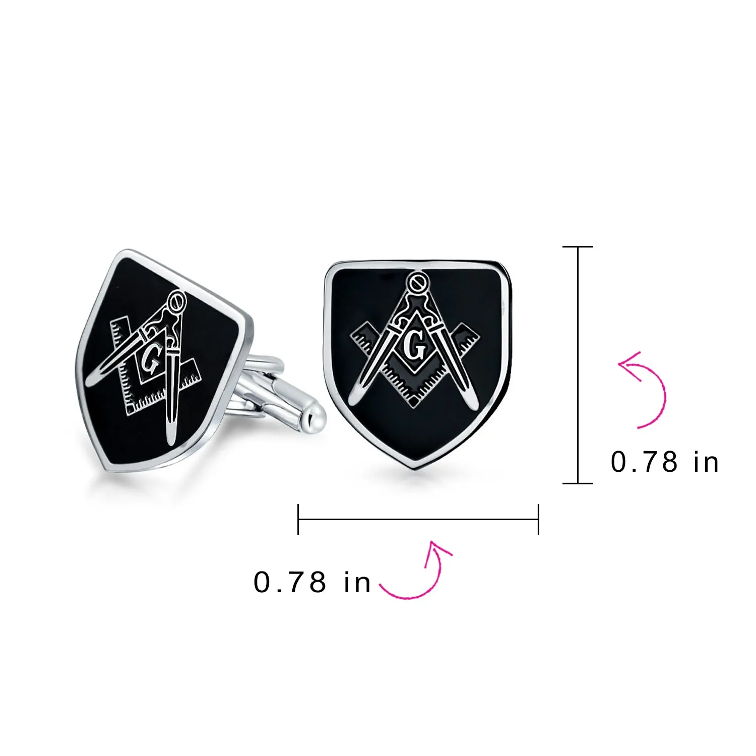 Shield Freemasons Compass Symbol Shirt Cufflink Black Enamel Silver Tone Steel