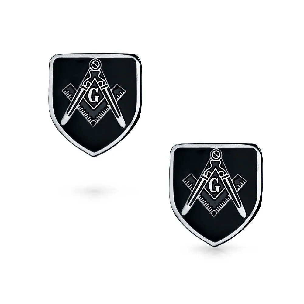 Shield Freemasons Compass Symbol Shirt Cufflink Black Enamel Silver Tone Steel