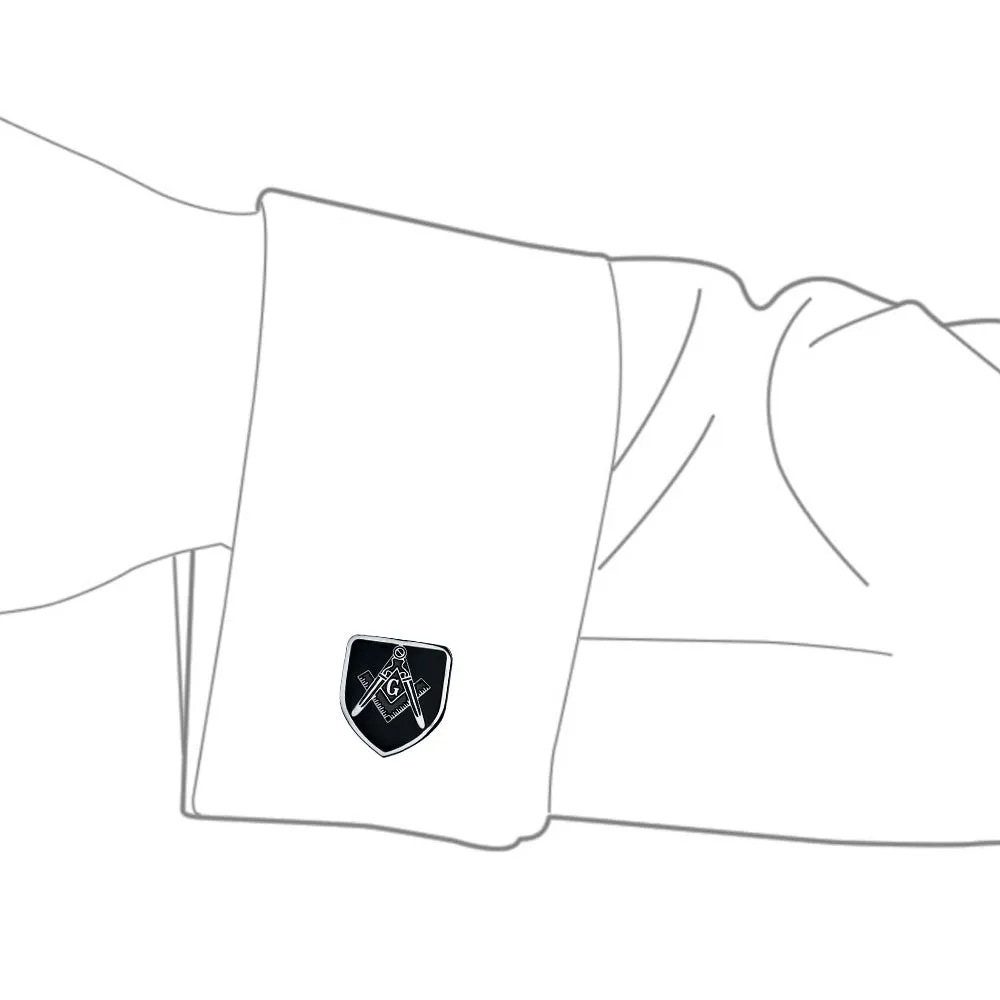 Shield Freemasons Compass Symbol Shirt Cufflink Black Enamel Silver Tone Steel