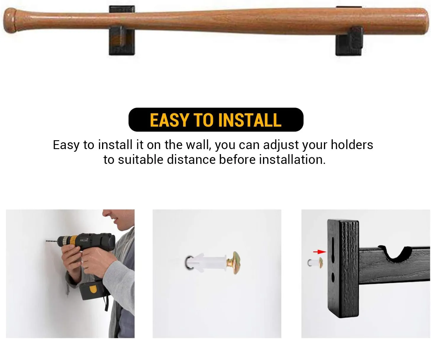 TOBWOLF 2PCS Baseball Bat Display Case, Baseball Bat Hanger Holder, Wall Mount Baseball Bat Horizontal Rack, Baseball Bat Bracket - Black