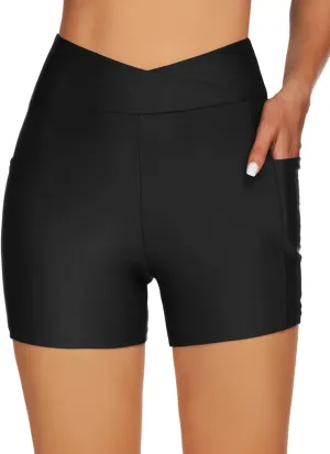 Tournesol Women's 4" Swim Shorts High Waisted Swimsuit Bottoms Cross Waist Bathing Suit Swimwear Boy Shorts with Pocket