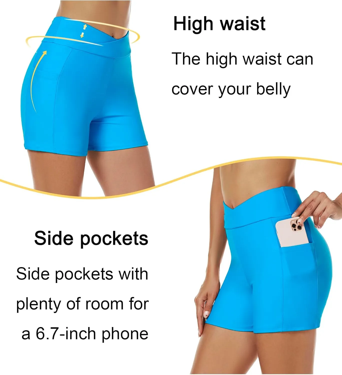 Tournesol Women's 4" Swim Shorts High Waisted Swimsuit Bottoms Cross Waist Bathing Suit Swimwear Boy Shorts with Pocket
