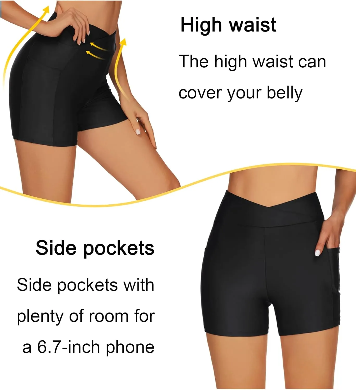 Tournesol Women's 4" Swim Shorts High Waisted Swimsuit Bottoms Cross Waist Bathing Suit Swimwear Boy Shorts with Pocket