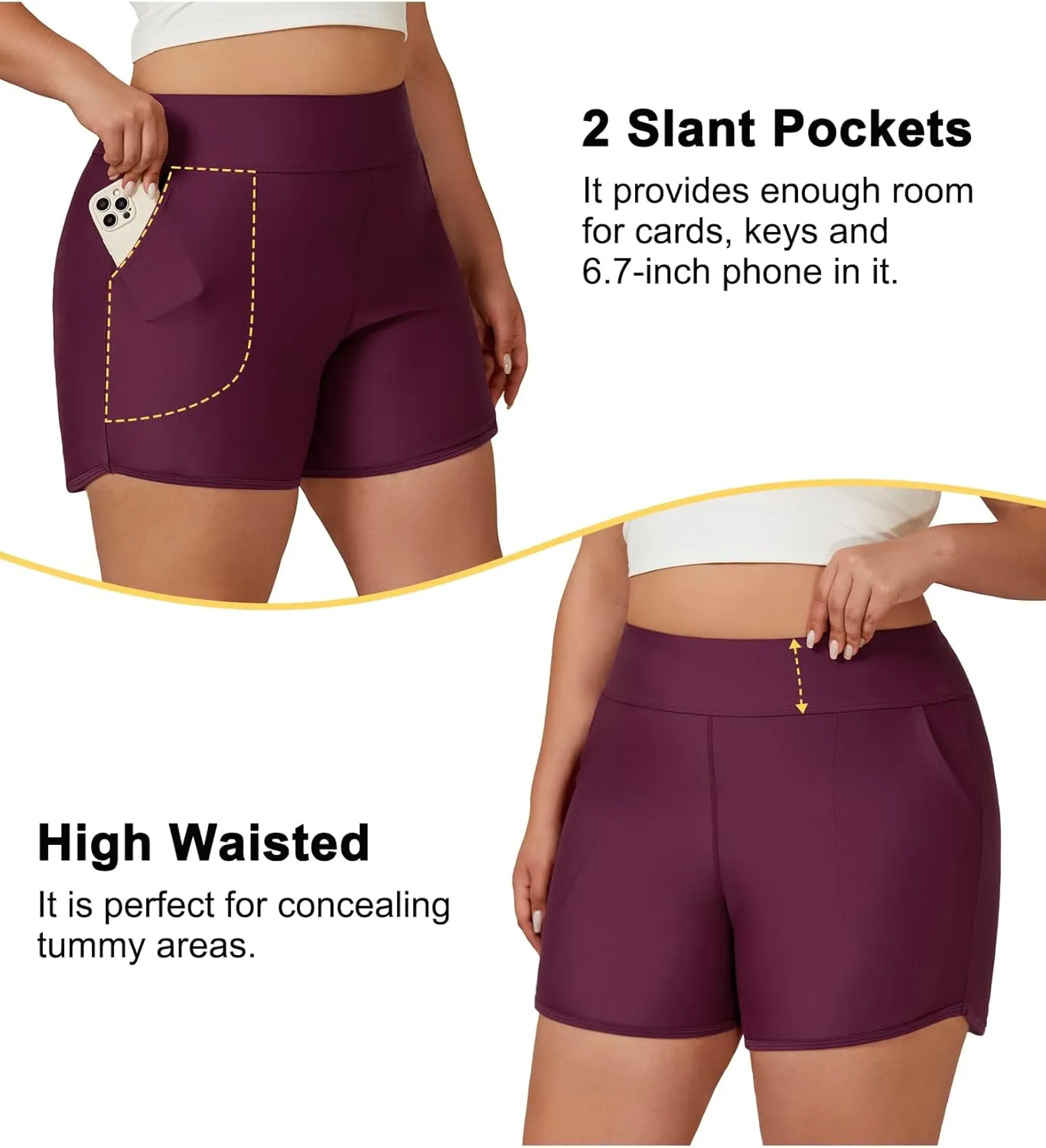 Tournesol Women's Plus Size Swim Shorts High Waisted Board Shorts UPF50  Bathing Suit Bottoms with Pockets 1X-5X