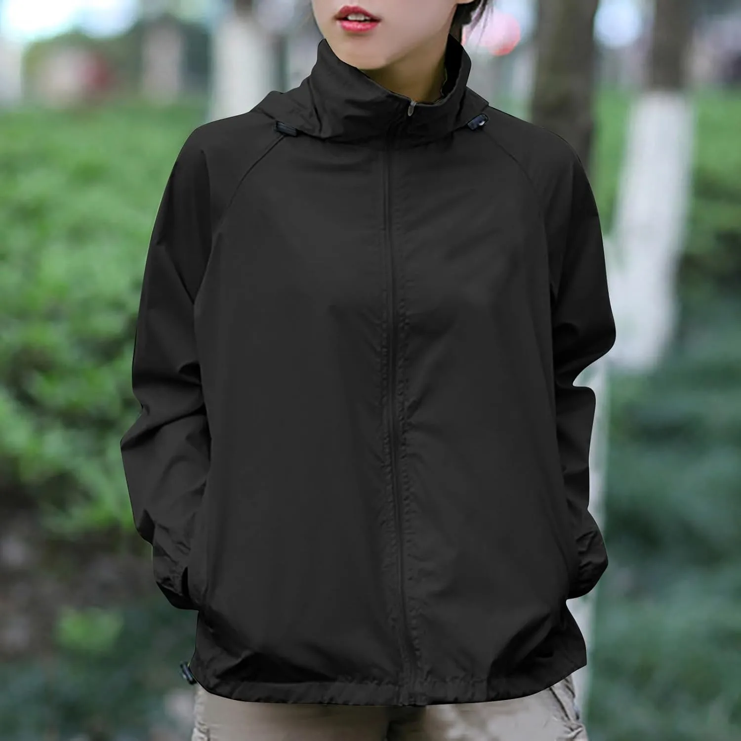 Womens Rain Jacket with Hood Lightweight Waterproof Raincoat Windbreaker Jackets Solid Color Packable Rain Coats