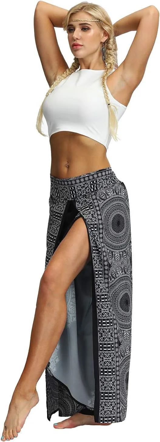 Womens Slit Wide Leg Pants Casual Hippie Beach Boho Pilate Flowy Palazzo Yoga Pants
