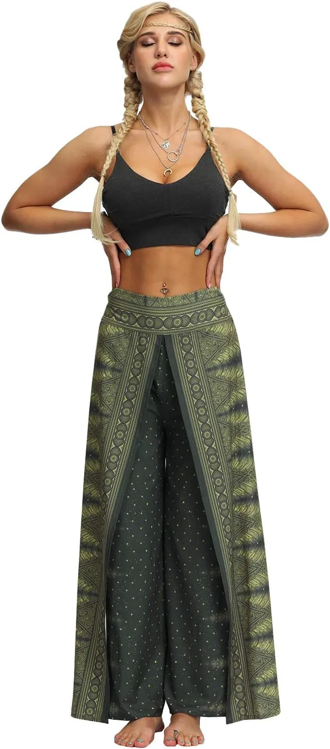 Womens Slit Wide Leg Pants Casual Hippie Beach Boho Pilate Flowy Palazzo Yoga Pants