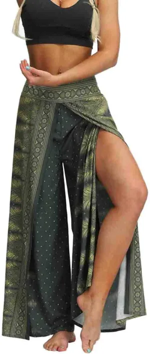 Womens Slit Wide Leg Pants Casual Hippie Beach Boho Pilate Flowy Palazzo Yoga Pants