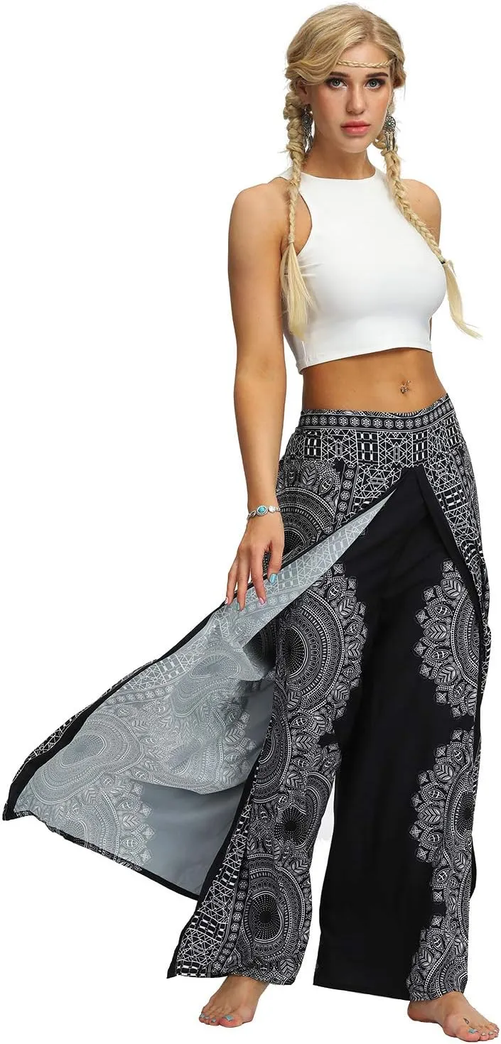 Womens Slit Wide Leg Pants Casual Hippie Beach Boho Pilate Flowy Palazzo Yoga Pants