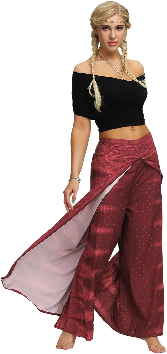 Womens Slit Wide Leg Pants Casual Hippie Beach Boho Pilate Flowy Palazzo Yoga Pants