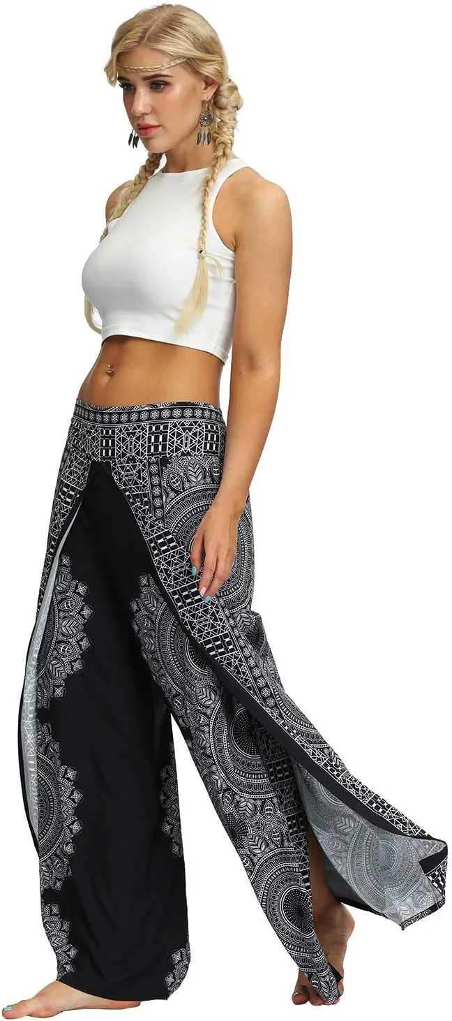 Womens Slit Wide Leg Pants Casual Hippie Beach Boho Pilate Flowy Palazzo Yoga Pants