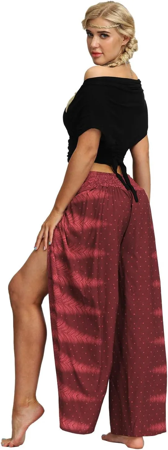 Womens Slit Wide Leg Pants Casual Hippie Beach Boho Pilate Flowy Palazzo Yoga Pants