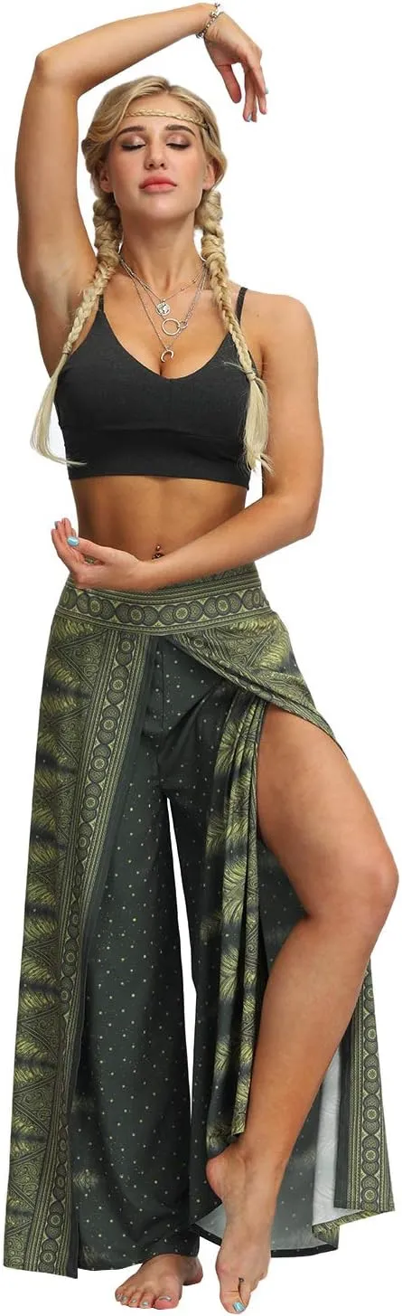 Womens Slit Wide Leg Pants Casual Hippie Beach Boho Pilate Flowy Palazzo Yoga Pants