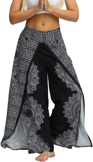 Womens Slit Wide Leg Pants Casual Hippie Beach Boho Pilate Flowy Palazzo Yoga Pants