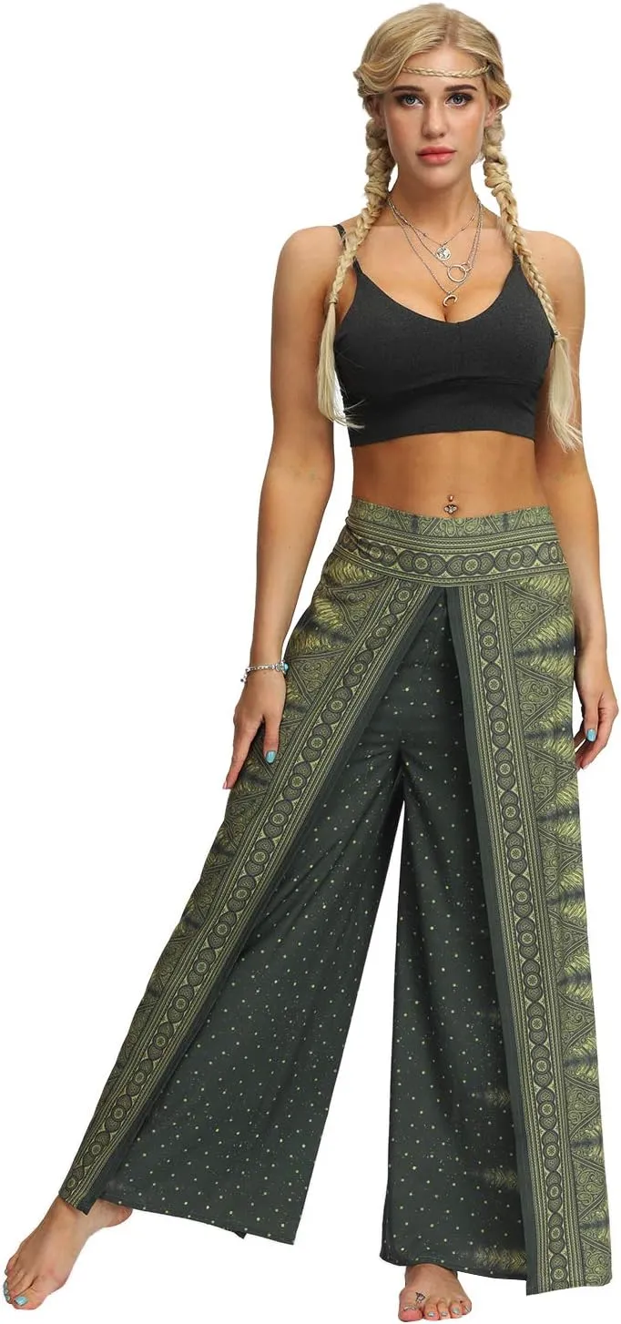 Womens Slit Wide Leg Pants Casual Hippie Beach Boho Pilate Flowy Palazzo Yoga Pants