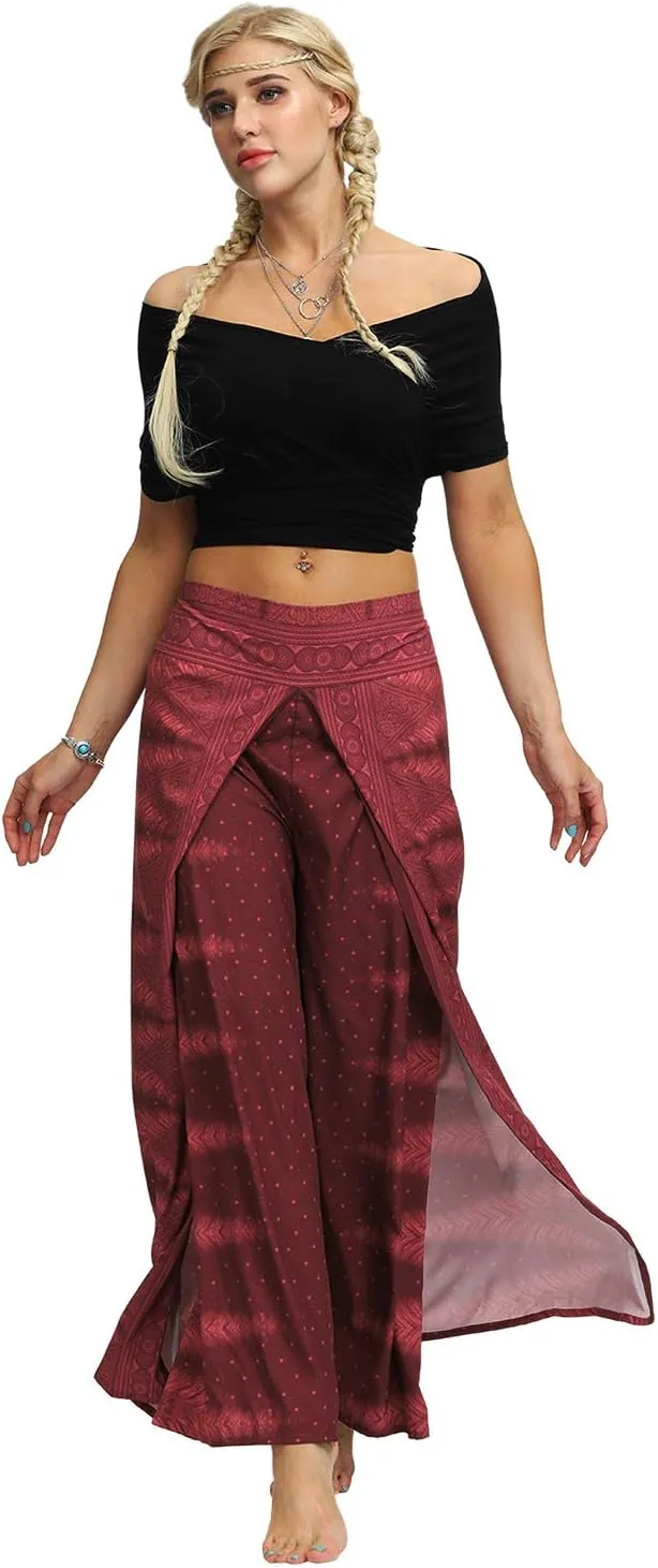 Womens Slit Wide Leg Pants Casual Hippie Beach Boho Pilate Flowy Palazzo Yoga Pants