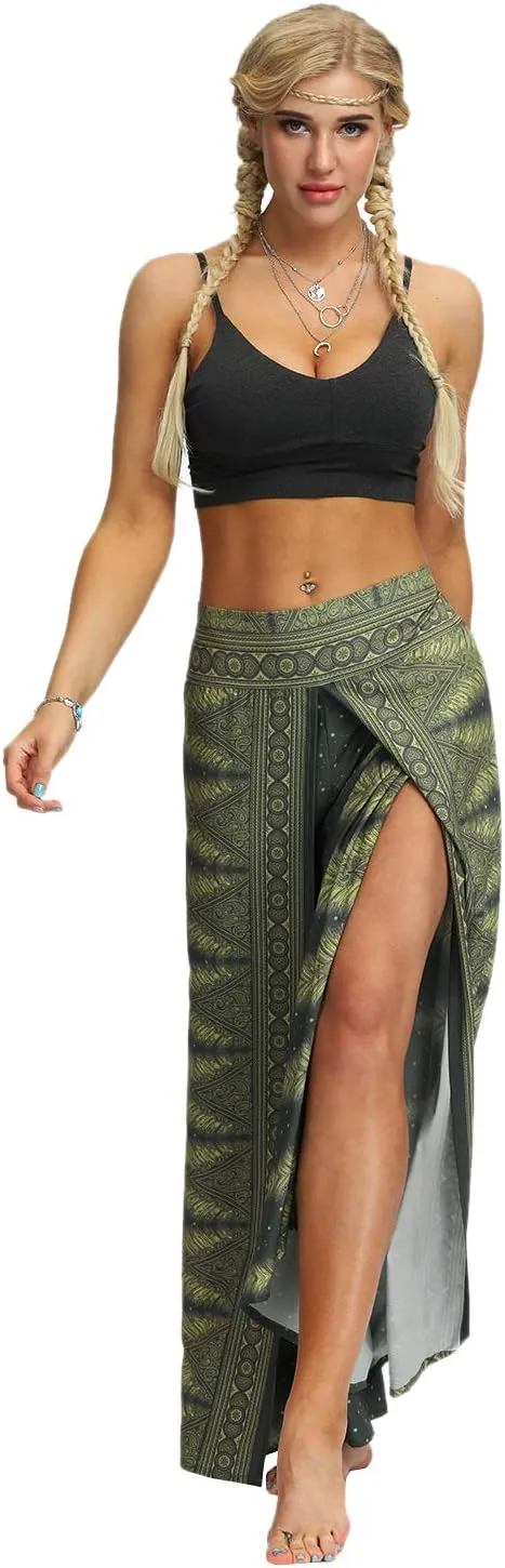 Womens Slit Wide Leg Pants Casual Hippie Beach Boho Pilate Flowy Palazzo Yoga Pants